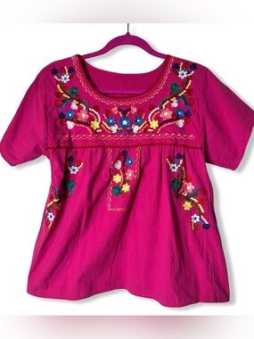 Women’s Cotton Mexican Embroidered Peasant Blouse Pink Floral Boho Folk Top Sz S